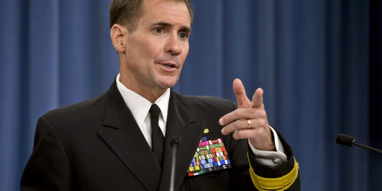 Pentagon Press Secretary Rear Adm. John Kirby takes questions from the news media in the Pentagon Press Briefing Room August 1, 2014.DoD Photo by Glenn Fawcett (Released)