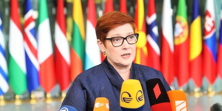 BRUSSELS, BELGIUM - APRIL 07: Australian Foreign Minister Marise Payne gives a press conference at the start of a meeting of NATO Foreign Ministers at NATO headquarters in Brussels, Belgium, 07 April 2022. NATO foreign ministers are meeting to discuss how to bolster their support to Ukraine, including by supplying weapons to the conflict-torn country, without being drawn into a wider conflict with Russia. (Photo by Dursun Aydemir/Anadolu Agency via Getty Images)